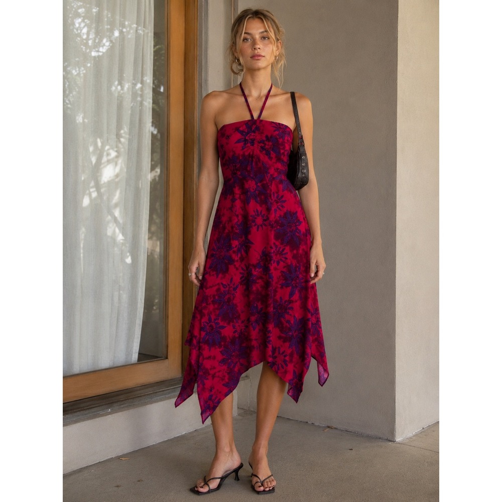 Vintage Y2K Hawaiian Star Tropical Print Asymmetrical Empire Halter Dress Fairy